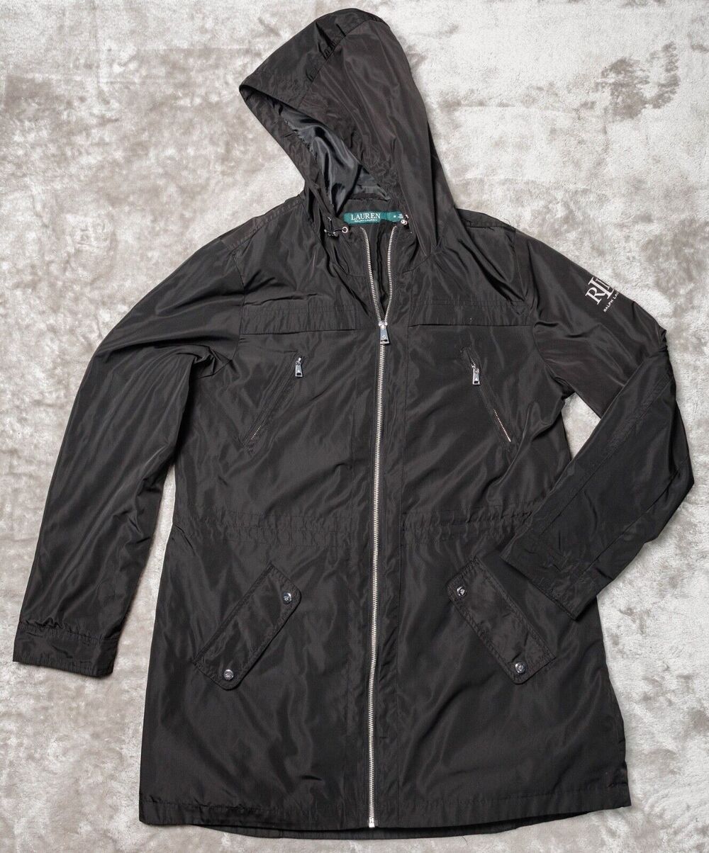 Ralph Lauren Black Silver Windbreaker Light Jacket Hoodie Womens Size M